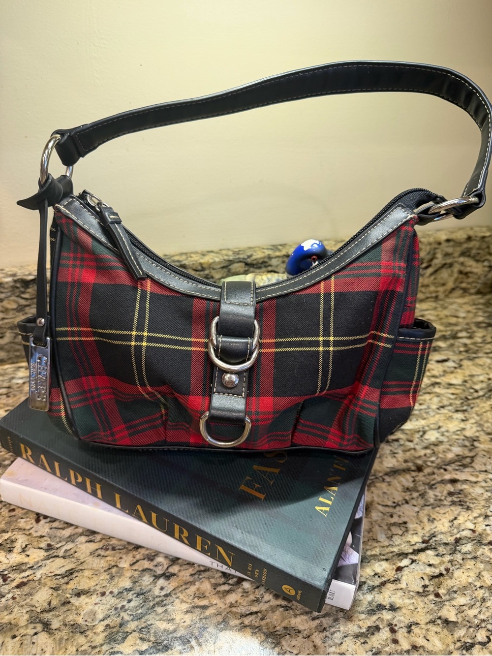 Chaps Red and Black Plaid Shoulder Bag with Leather Trim